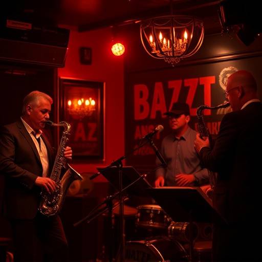 Imagem de um grupo de m√ºsicos de jazz tocando em um clube noturno com ilumina√§√£o suave e atmosfera √≠ntima.